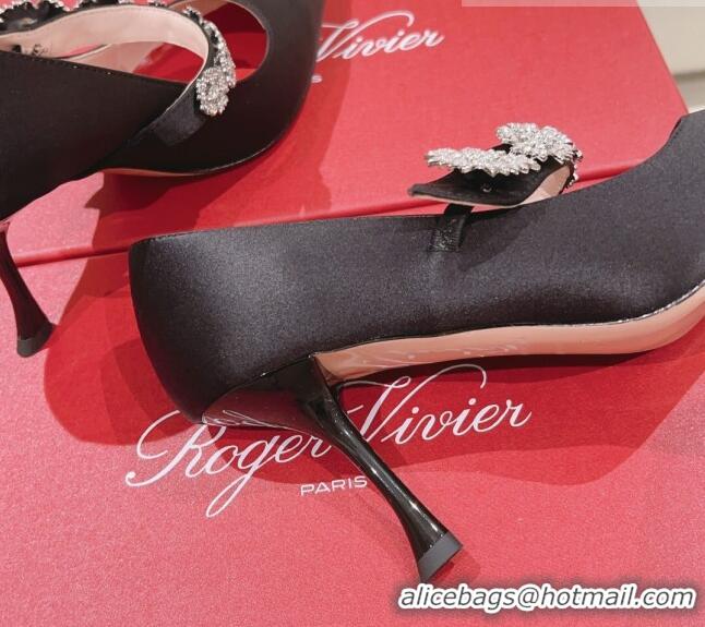 Classic Hot Roger Vivier Bouquet Flower Babies Pumps in Satin 8.5cm Heel Black 392204