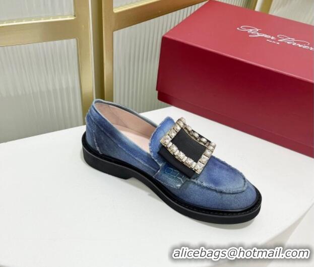 Best Price Roger Vivier Viv' Rangers Crystal Buckle Loafers in Washed Denim Blue 926068