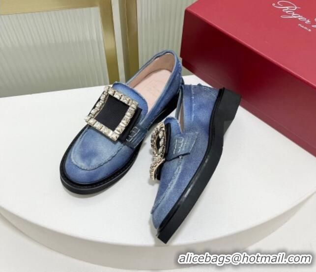 Best Price Roger Vivier Viv' Rangers Crystal Buckle Loafers in Washed Denim Blue 926068