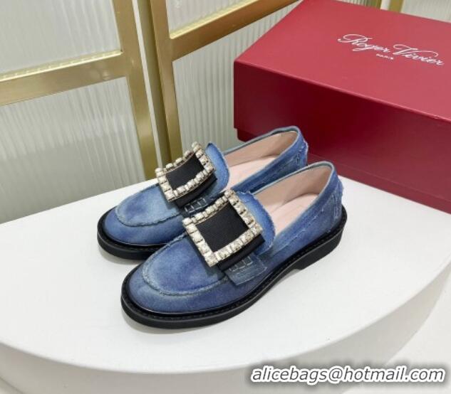 Best Price Roger Vivier Viv' Rangers Crystal Buckle Loafers in Washed Denim Blue 926068