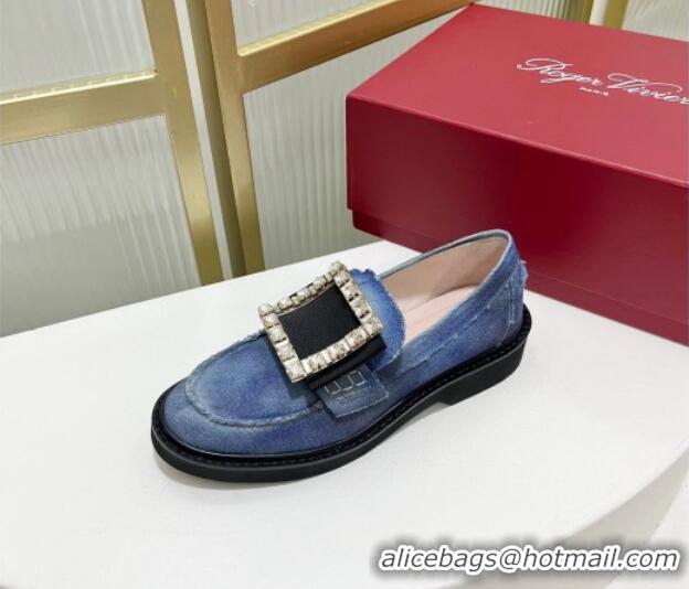 Best Price Roger Vivier Viv' Rangers Crystal Buckle Loafers in Washed Denim Blue 926068