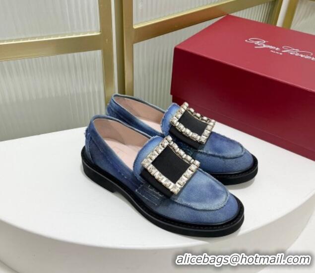 Best Price Roger Vivier Viv' Rangers Crystal Buckle Loafers in Washed Denim Blue 926068