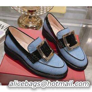 Sumptuous Roger Vivier Viv' Rangers Metal Buckle Loafers in Denim Light Blue 013069