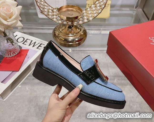 Sumptuous Roger Vivier Viv' Rangers Metal Buckle Loafers in Denim Light Blue 013069