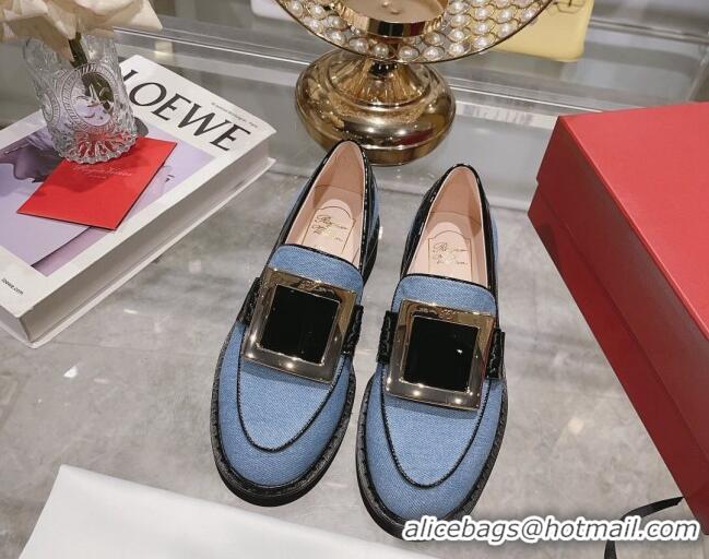 Sumptuous Roger Vivier Viv' Rangers Metal Buckle Loafers in Denim Light Blue 013069