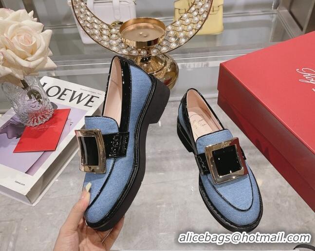 Sumptuous Roger Vivier Viv' Rangers Metal Buckle Loafers in Denim Light Blue 013069