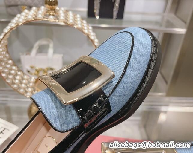 Sumptuous Roger Vivier Viv' Rangers Metal Buckle Loafers in Denim Light Blue 013069