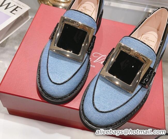 Sumptuous Roger Vivier Viv' Rangers Metal Buckle Loafers in Denim Light Blue 013069