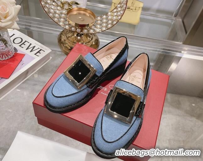 Sumptuous Roger Vivier Viv' Rangers Metal Buckle Loafers in Denim Light Blue 013069