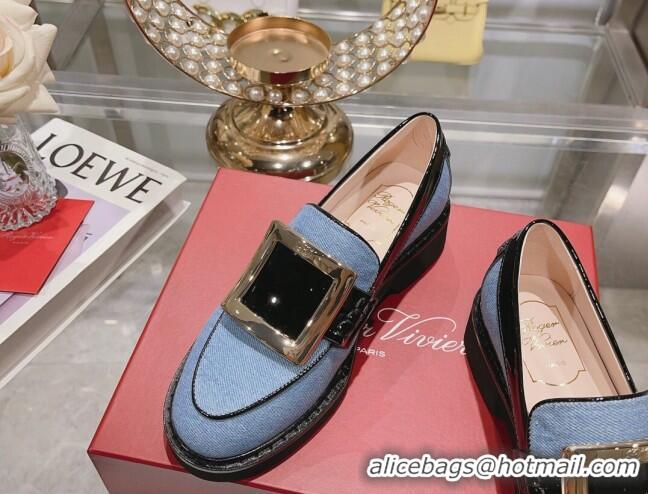 Sumptuous Roger Vivier Viv' Rangers Metal Buckle Loafers in Denim Light Blue 013069