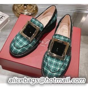 Duplicate Roger Vivier Viv' Rangers Metal Buckle Loafers in Fabric Green 013070