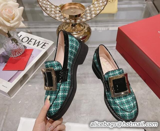 Duplicate Roger Vivier Viv' Rangers Metal Buckle Loafers in Fabric Green 013070