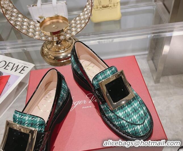 Duplicate Roger Vivier Viv' Rangers Metal Buckle Loafers in Fabric Green 013070