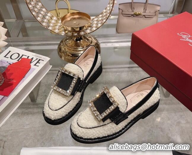 Good Product Roger Vivier Viv' Rangers Strass Buckle Loafers in Fabric White 013071