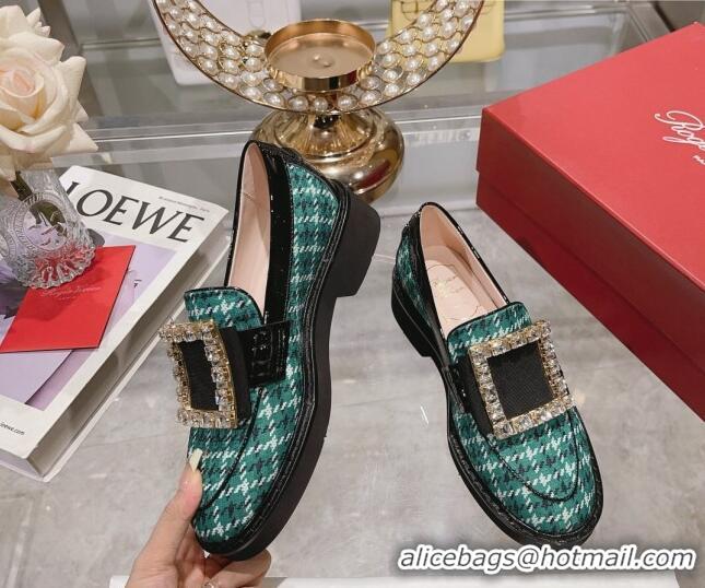 Charming Roger Vivier Viv' Rangers Strass Buckle Loafers in Fabric Green 013072