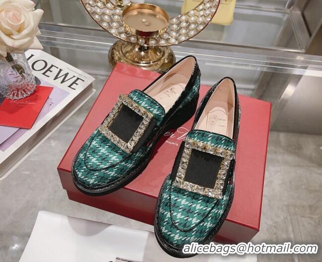 Charming Roger Vivier Viv' Rangers Strass Buckle Loafers in Fabric Green 013072