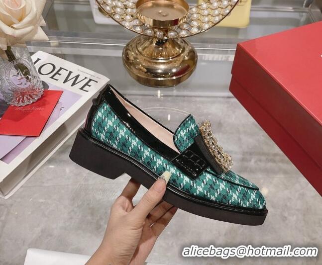 Charming Roger Vivier Viv' Rangers Strass Buckle Loafers in Fabric Green 013072