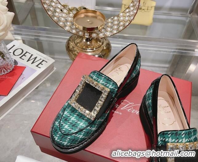 Charming Roger Vivier Viv' Rangers Strass Buckle Loafers in Fabric Green 013072