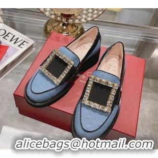 Sophisticated Roger Vivier Viv' Rangers Strass Buckle Loafers in Denim Light Blue 1013074