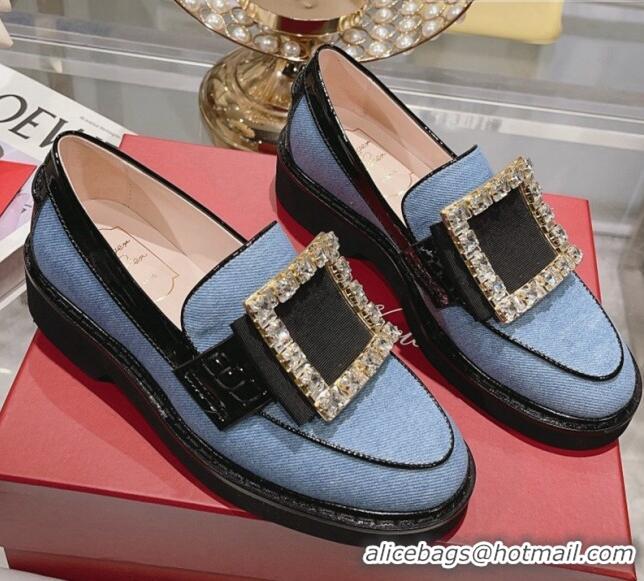 Sophisticated Roger Vivier Viv' Rangers Strass Buckle Loafers in Denim Light Blue 1013074