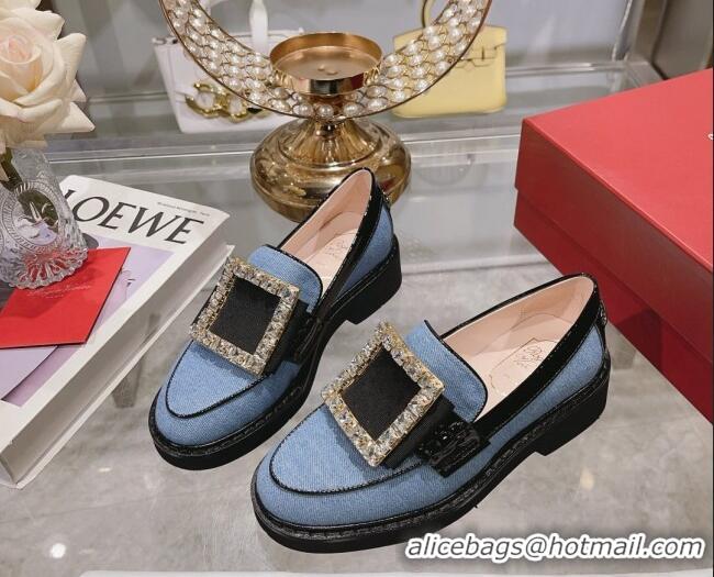 Sophisticated Roger Vivier Viv' Rangers Strass Buckle Loafers in Denim Light Blue 1013074