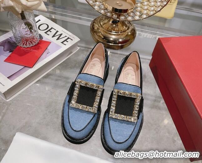 Sophisticated Roger Vivier Viv' Rangers Strass Buckle Loafers in Denim Light Blue 1013074