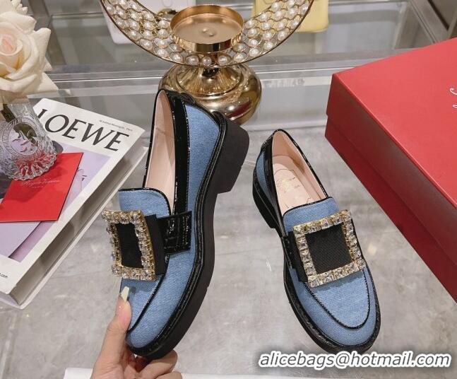 Sophisticated Roger Vivier Viv' Rangers Strass Buckle Loafers in Denim Light Blue 1013074