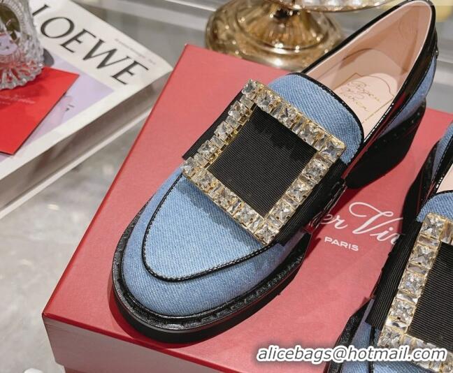 Sophisticated Roger Vivier Viv' Rangers Strass Buckle Loafers in Denim Light Blue 1013074