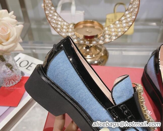 Sophisticated Roger Vivier Viv' Rangers Strass Buckle Loafers in Denim Light Blue 1013074