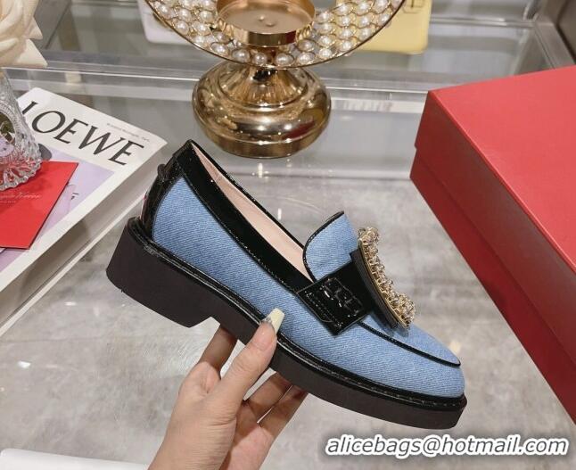 Sophisticated Roger Vivier Viv' Rangers Strass Buckle Loafers in Denim Light Blue 1013074