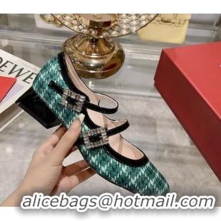 Luxury Roger Vivier Trés Vivier Strass Buckle Mini Babies Ballerinas 3cm in Fabric Green 1013075