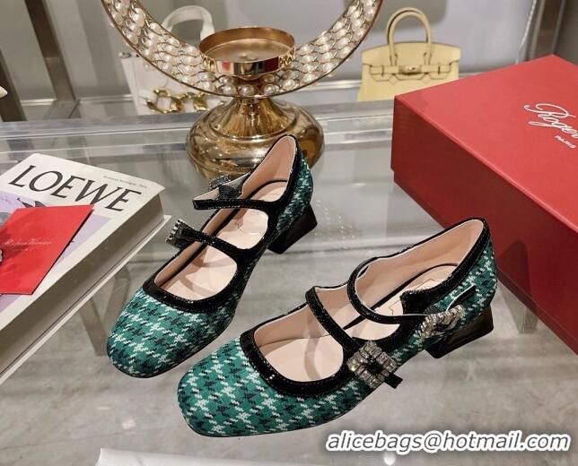 Luxury Roger Vivier Trés Vivier Strass Buckle Mini Babies Ballerinas 3cm in Fabric Green 1013075