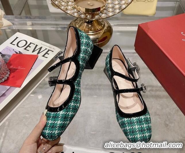 Luxury Roger Vivier Trés Vivier Strass Buckle Mini Babies Ballerinas 3cm in Fabric Green 1013075