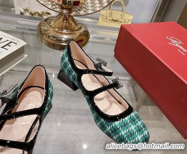 Luxury Roger Vivier Trés Vivier Strass Buckle Mini Babies Ballerinas 3cm in Fabric Green 1013075