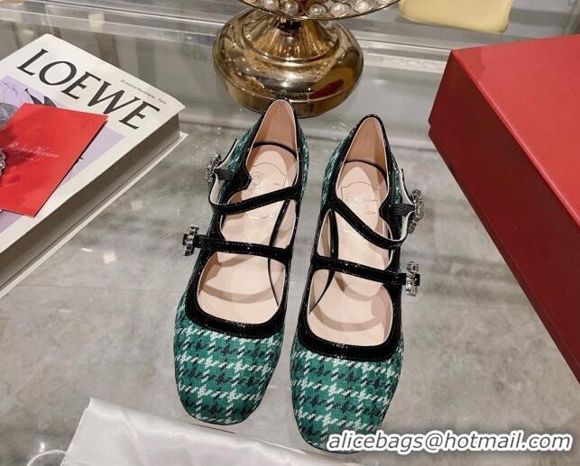 Luxury Roger Vivier Trés Vivier Strass Buckle Mini Babies Ballerinas 3cm in Fabric Green 1013075