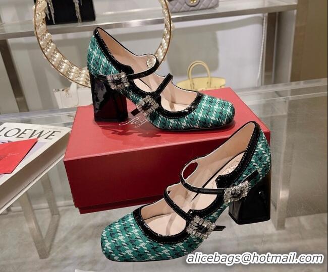 Luxury Roger Vivier Trés Vivier Strass Buckle Mini Babies Pumps 8.5cm in Fabric Green 1013077