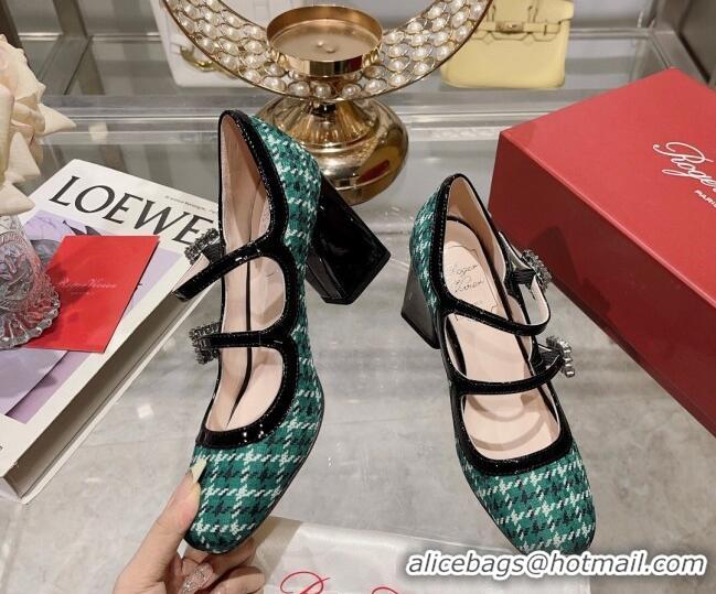 Luxury Roger Vivier Trés Vivier Strass Buckle Mini Babies Pumps 8.5cm in Fabric Green 1013077