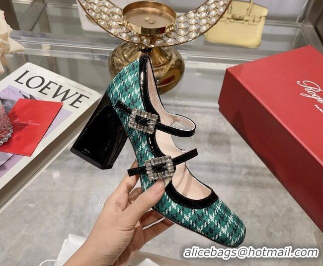 Luxury Roger Vivier Trés Vivier Strass Buckle Mini Babies Pumps 8.5cm in Fabric Green 1013077