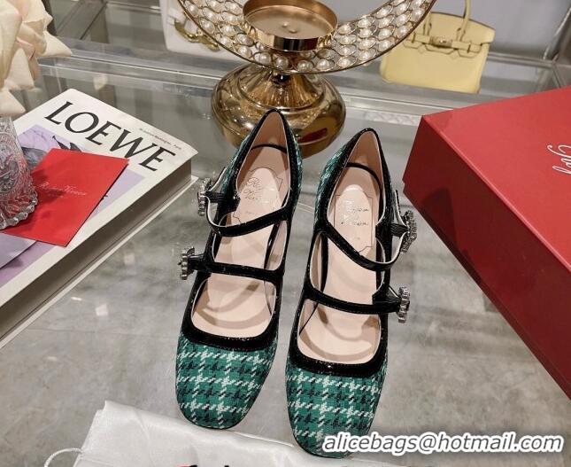 Luxury Roger Vivier Trés Vivier Strass Buckle Mini Babies Pumps 8.5cm in Fabric Green 1013077