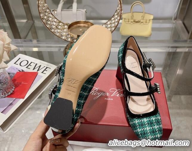 Luxury Roger Vivier Trés Vivier Strass Buckle Mini Babies Pumps 8.5cm in Fabric Green 1013077