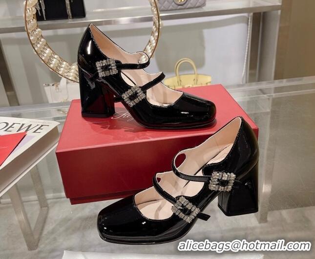 Duplicate Roger Vivier Trés Vivier Strass Buckle Mini Babies Pumps 8.5cm in Patent Leather Black 1013078