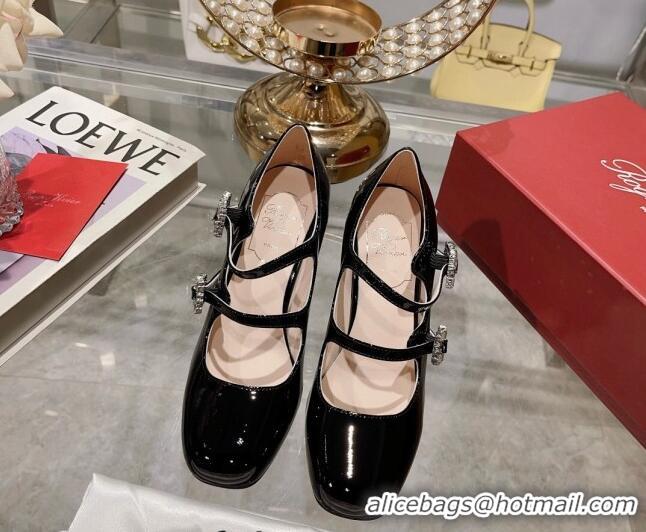 Duplicate Roger Vivier Trés Vivier Strass Buckle Mini Babies Pumps 8.5cm in Patent Leather Black 1013078