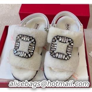 Stylish Roger Vivier Viv' Winter Fur Strass Buckle Sandals White 1026096