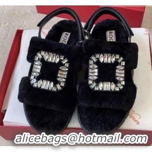 Super Quality Roger Vivier Viv' Winter Fur Strass Buckle Sandals Black 1026097