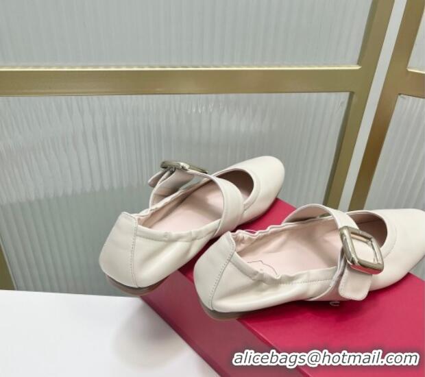 Grade Roger Vivier Viv' Choc Metal Buckle Babies Ballerinas in Leather White 104023