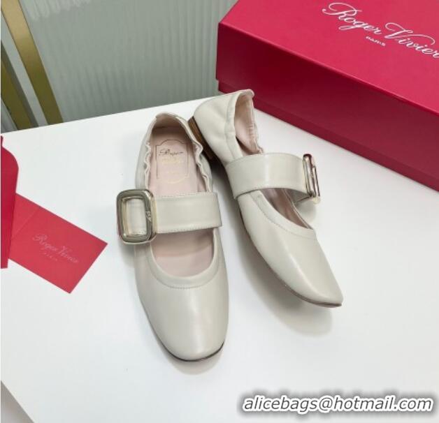 Grade Roger Vivier Viv' Choc Metal Buckle Babies Ballerinas in Leather White 104023