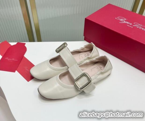 Grade Roger Vivier Viv' Choc Metal Buckle Babies Ballerinas in Leather White 104023