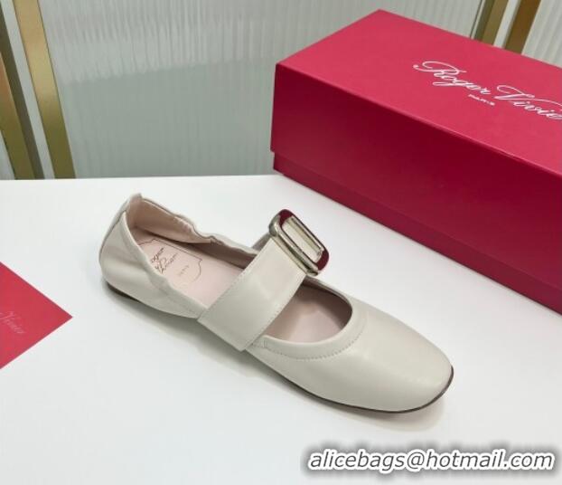 Grade Roger Vivier Viv' Choc Metal Buckle Babies Ballerinas in Leather White 104023