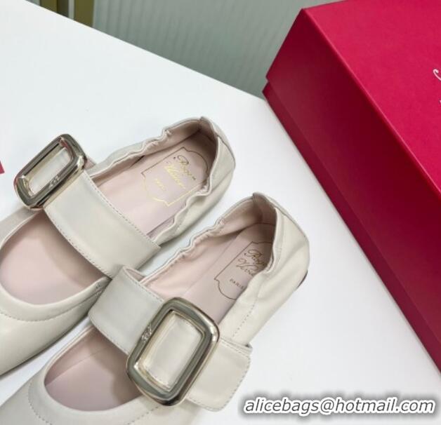 Grade Roger Vivier Viv' Choc Metal Buckle Babies Ballerinas in Leather White 104023