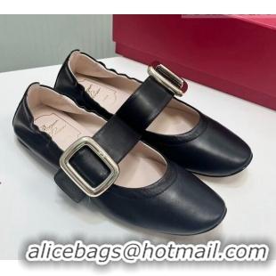 Good Quality Roger Vivier Viv' Choc Metal Buckle Babies Ballerinas in Leather Black 104024